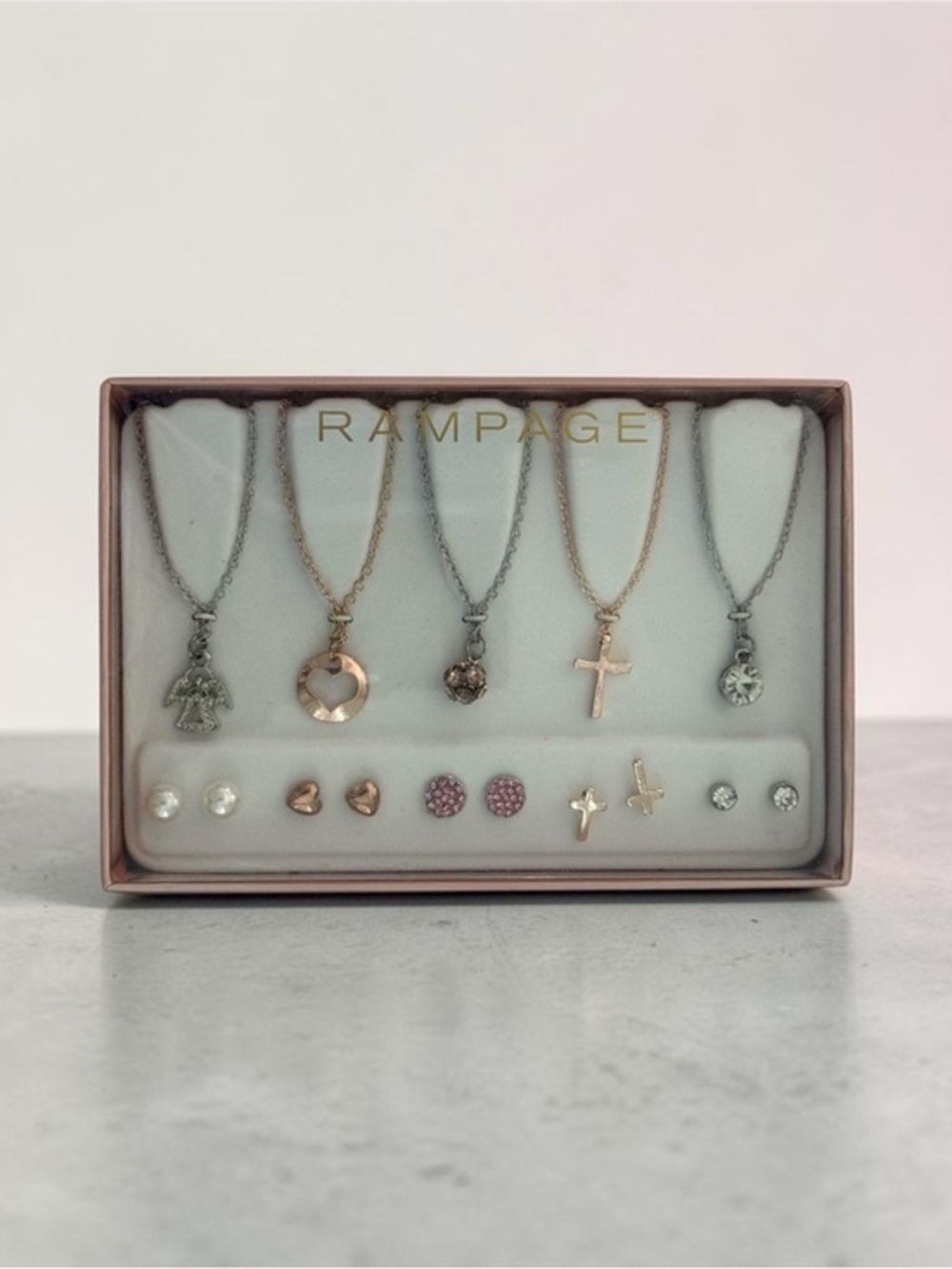 🫶🏻Rampage Women's Mixed Metal Charm Necklace & Earring Set - Rose Gold & Silver
